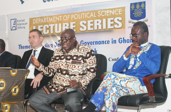 Mr Kaakyire Frempong (2nd right), Senior Lecturer, Political Science Department of the University of Ghana (UG), responding to questions. Those with him include Dr Bossman Asare (left), Mr Burkhardt Hellemann (3rd left), Resident Representative of Konrad Adenauer Stiftung (KAS)